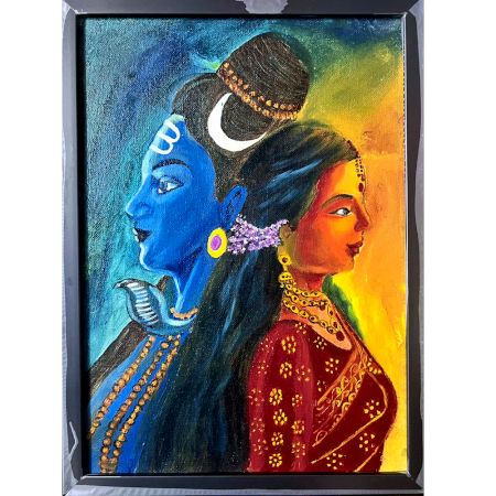 Handmade Shiv Parvati Canvas Painting for Home Wall Decor